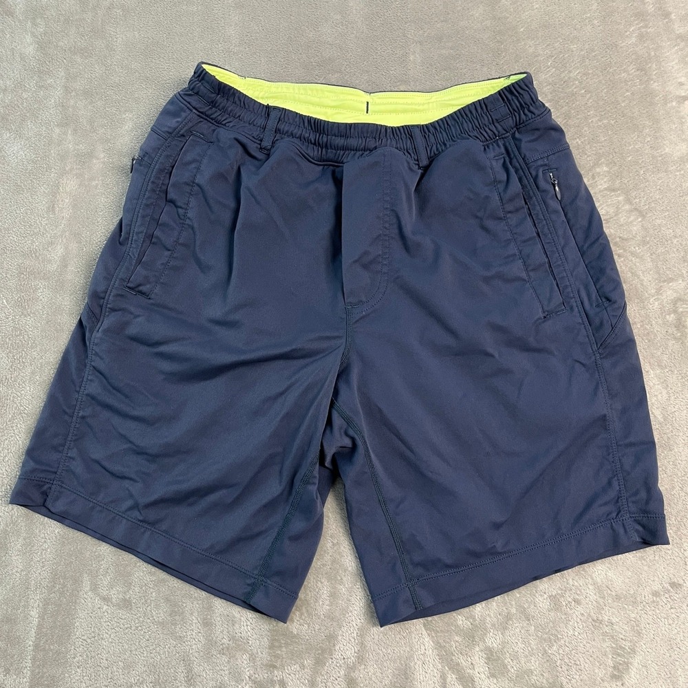 Birddogs Navy Blue Gym Shorts with Neon Yellow Liner Mens Size Small Long Casual